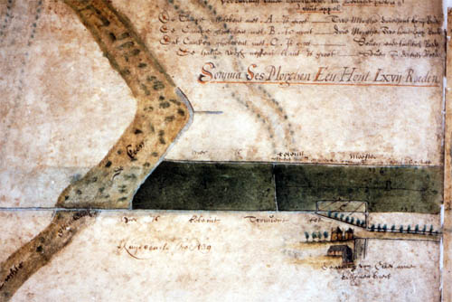Links de Keeneloop, rechtsonder de boerderij van Claes Ariaensz., Jan Jansz. Potter, Kaartboek Weeshuis Delft, ca. 1576